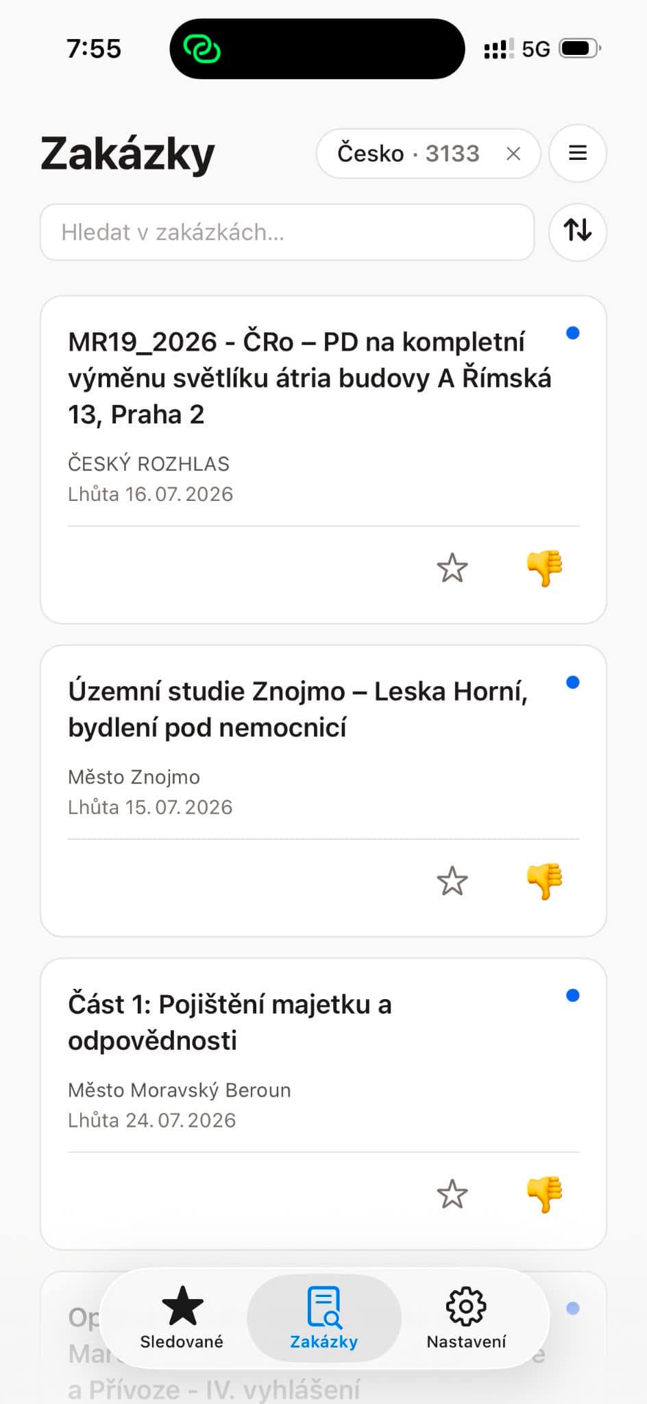 Mobilná aplikácia Veritra — záložka Zákazky s push upozorneniami