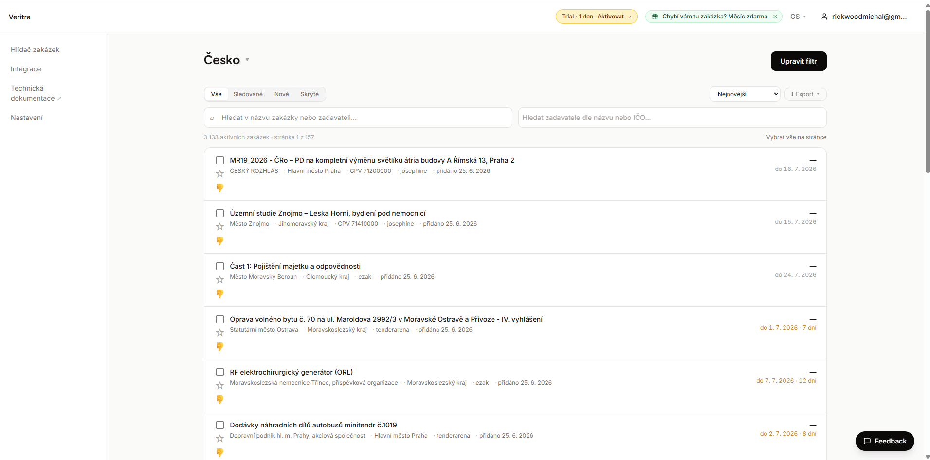 Webový dashboard Veritra — prehľad a filtrovanie zákaziek verejného obstarávania